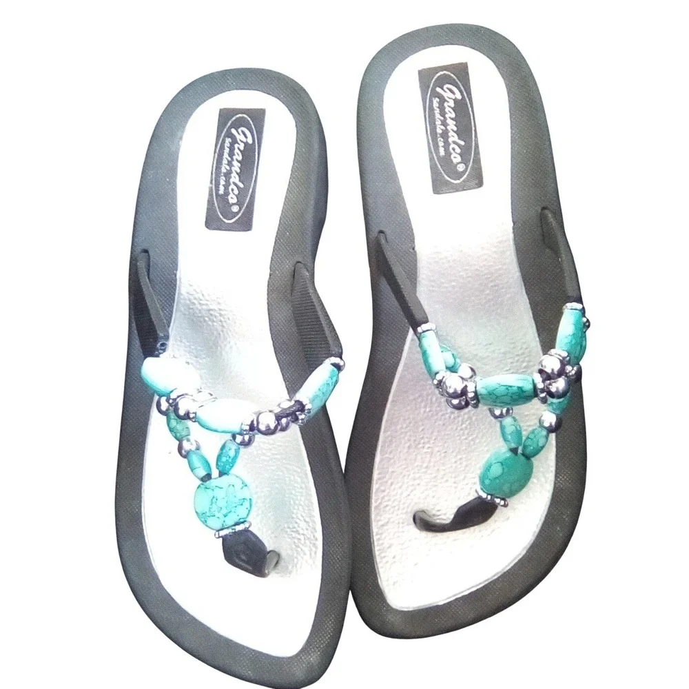 Grandco Womens Beaded F Flop Sandals Turquoise Silver Black HY-0969 Size 7